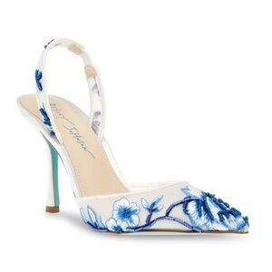 Betsey Johnson Patch Mesh Embroidered Pump heels blue floral - 11